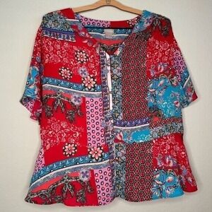 Chico's Patchwork Peplum Flutter-Sleeve Top-‎ Sz 2 (12/14)